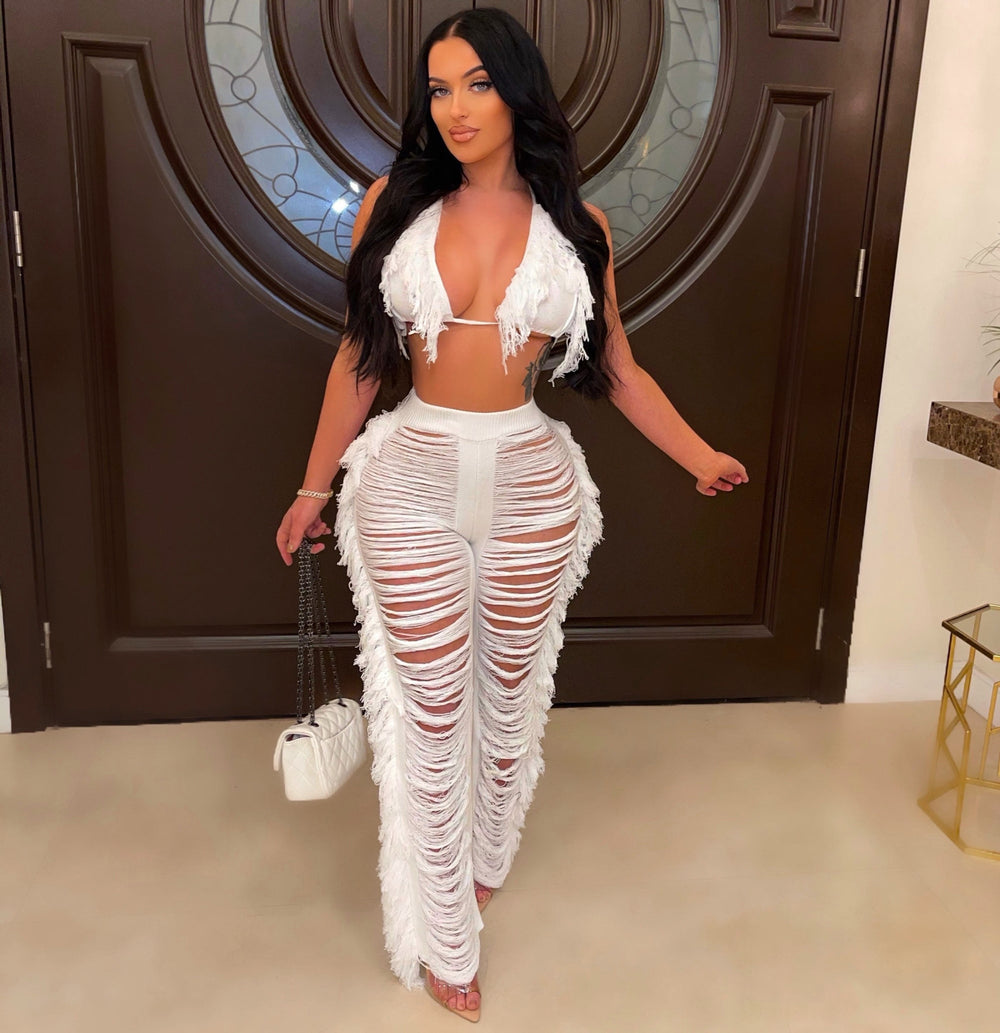 Source factory  summer new european and american style sexy tassel knit pant set
