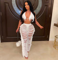 Source factory  summer new european and american style sexy tassel knit pant set