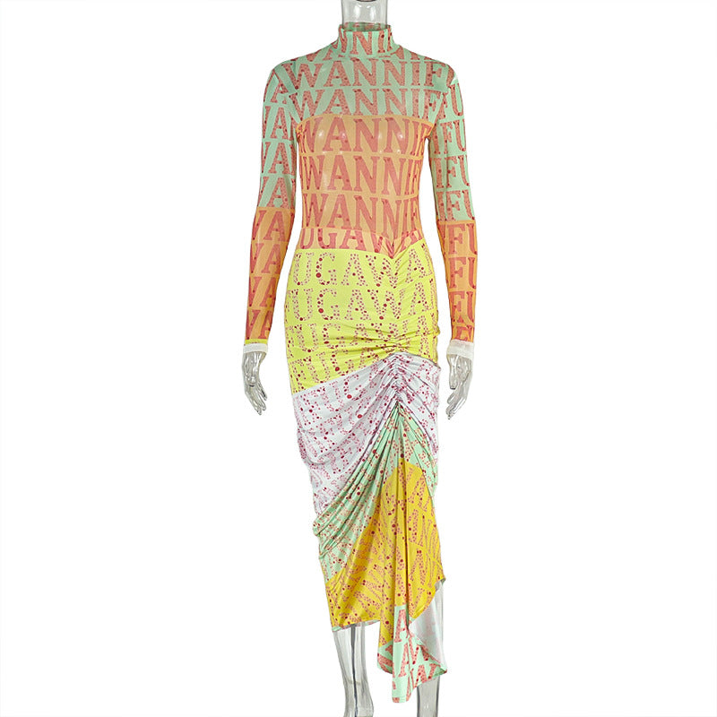Fashion style cross-border printing elegant women's clothing work clothing waist bag hip skirt high collar long sleevespatchwork slightly see-through dress trendy