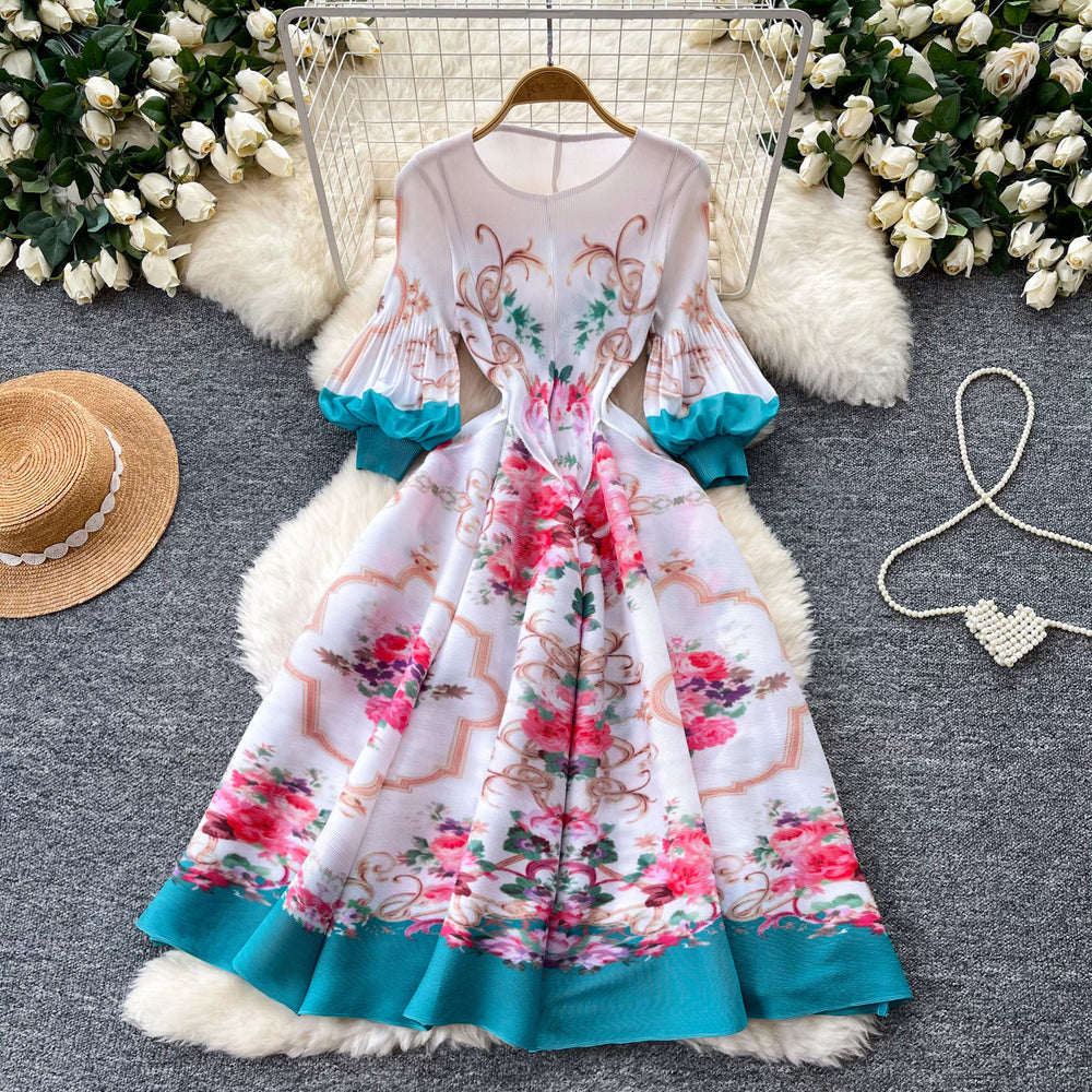 French romantic floral print dress - women's spring long sleeve slim fit a-line maxi dress - elegant, chic, and youthful
