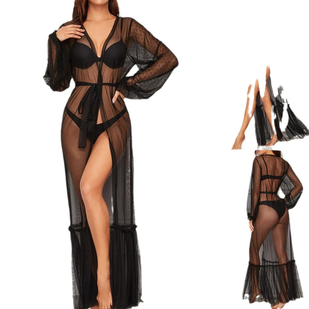 Mingyifang black mesh see-through european and american sexy long lace bathrobe wholesale