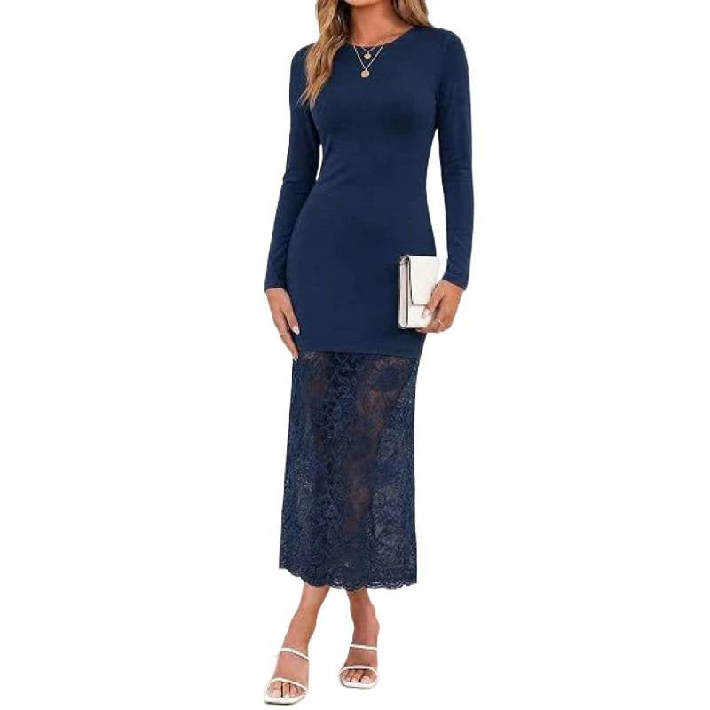 sweet style  autumn new arrival: high-end elegant long-sleeved maxi dress with lace paneling