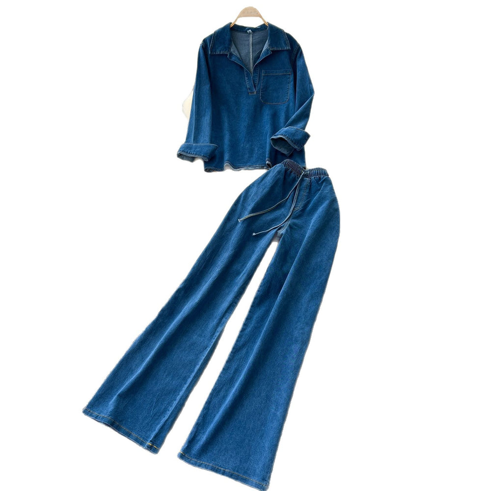 Light mature style classyretro lapel long sleeves denimtops women's  autumn wear high waistcasualloose pantsstraight-leg pants