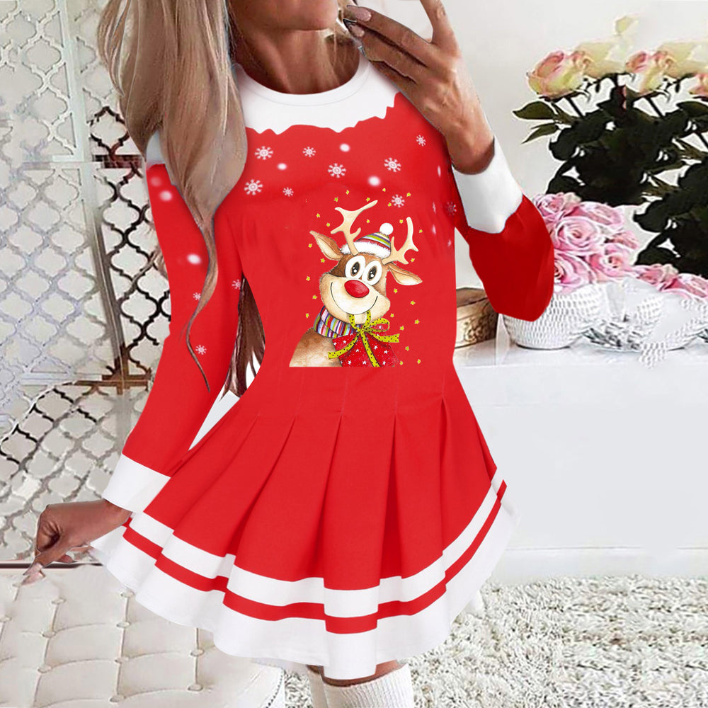 2025 european and american cross-border women's autumn/winter new collection: round neck long sleeve pleated casual party dress