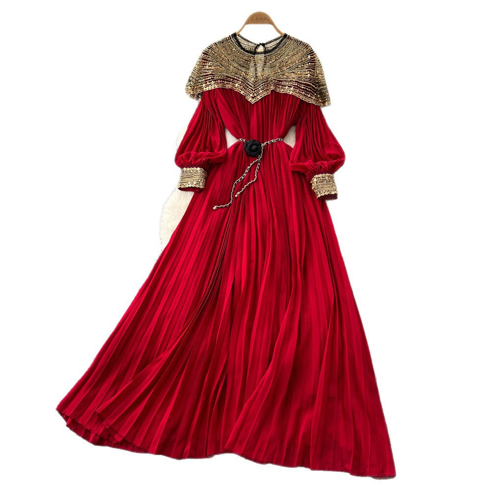 French-style heavy embroidery beaded sequin mesh patchwork lantern sleeve tie-waist pleated maxi dress - women's high-end long dress