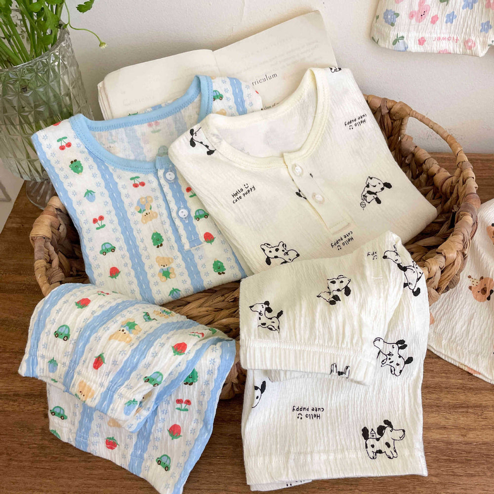 Summer lightweight crinkle cotton baby air conditioning suit set, separates pajamas, boys and girls' three-quarter sleeve loungewear