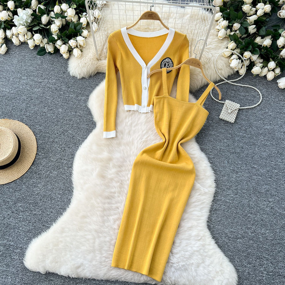 Classy sense v neck diamond-encrusted embroiderlong sleevesknittingcardigan women's winter french stretch tight hip-hugging suspender dress