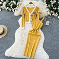 Classy sense v neck diamond-encrusted embroiderlong sleevesknittingcardigan women's winter french stretch tight hip-hugging suspender dress