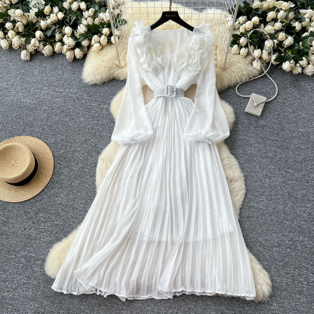 Frenchretrostereo flower lantern sleeve waist pleateddress women 2025new arrivalslimming lookelegant long skirt