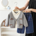 Girls' casual outfit set -  autumn/winter knitted 3d bow sweater jacket & stylish denim jeans two-piece set