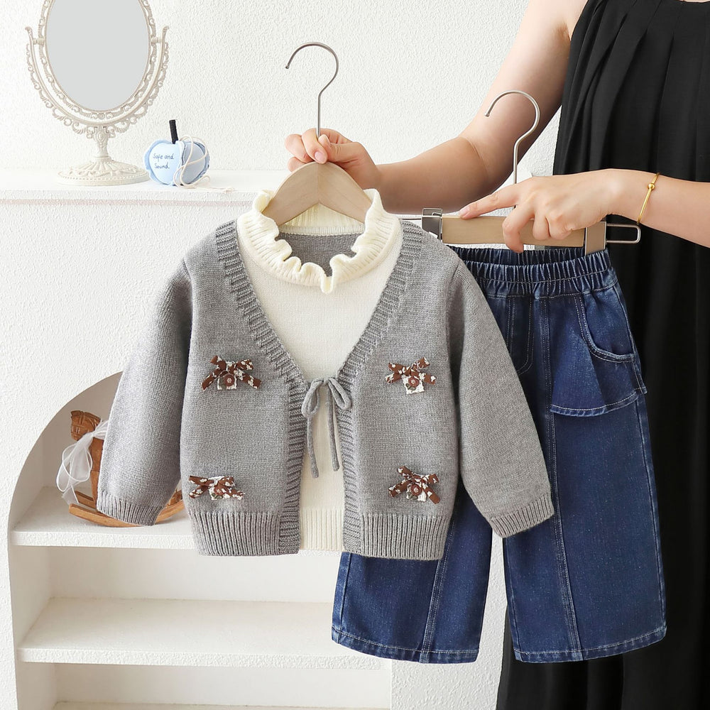 Girls' casual outfit set, autumn/winter : knitted sweater jacket with 3d bow detail, stylish two-piece set for little girls