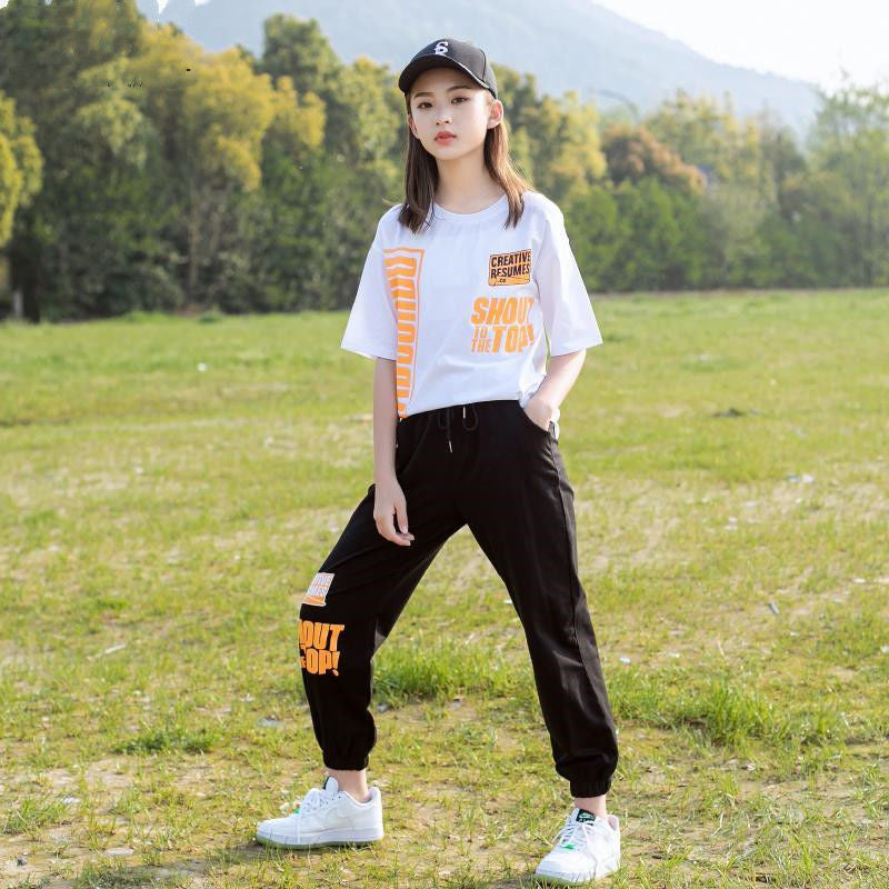 Girls' summer outfit : kids' activewear for 14-year-old girls (mid-to-large size), fashionable 0.75kg-piece set with short sleeves