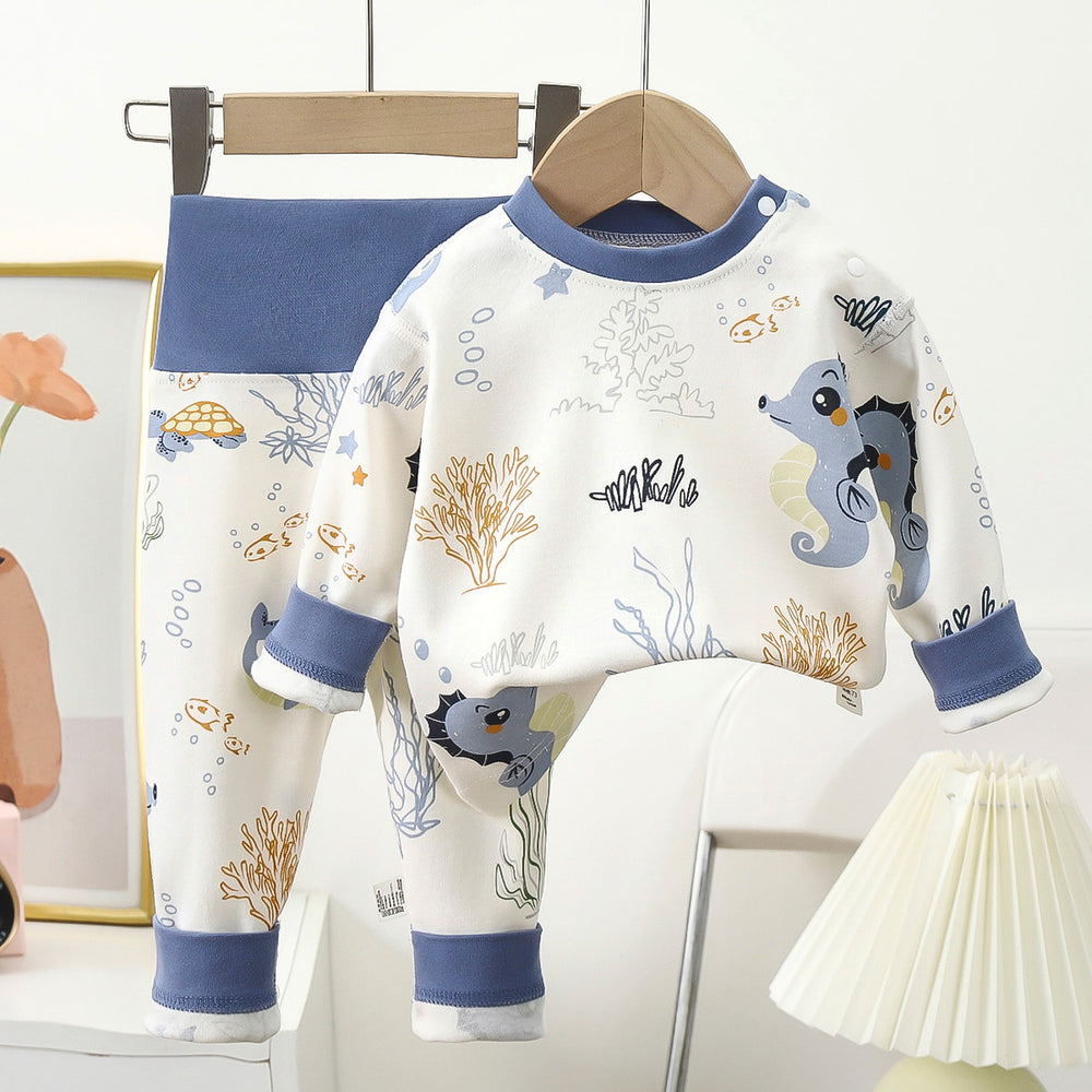 Kidsa type pure cotton boneless cartoon plaidintimates partial placket suit pajamas baby round neck autumn clothes high waist autumn pants