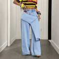 Fashionjeans women's light blue washed stylishfake two-piece loose pants patchwork street loosemop denim pants