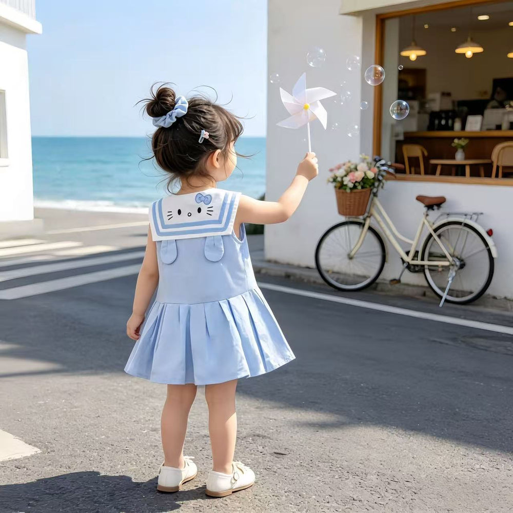 Girls' sleeveless pleated skirt summer  new style baby girl chic sweet cute embroidered sailor collar dress