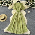 Summer frenchretroheavy industrycut outembroiderround neck waist short sleeve dress women's slimming look single breasted long skirt