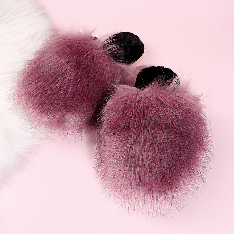 plus size fur slippers women's imitation fox fur women's slippers imitation raccoon fur heattech shoes toe cap slippers european station women
