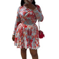 European and american cross-border women's fashion:  summer new arrival - designer slim-fit printed long-sleeve top and pleated midi skirt set