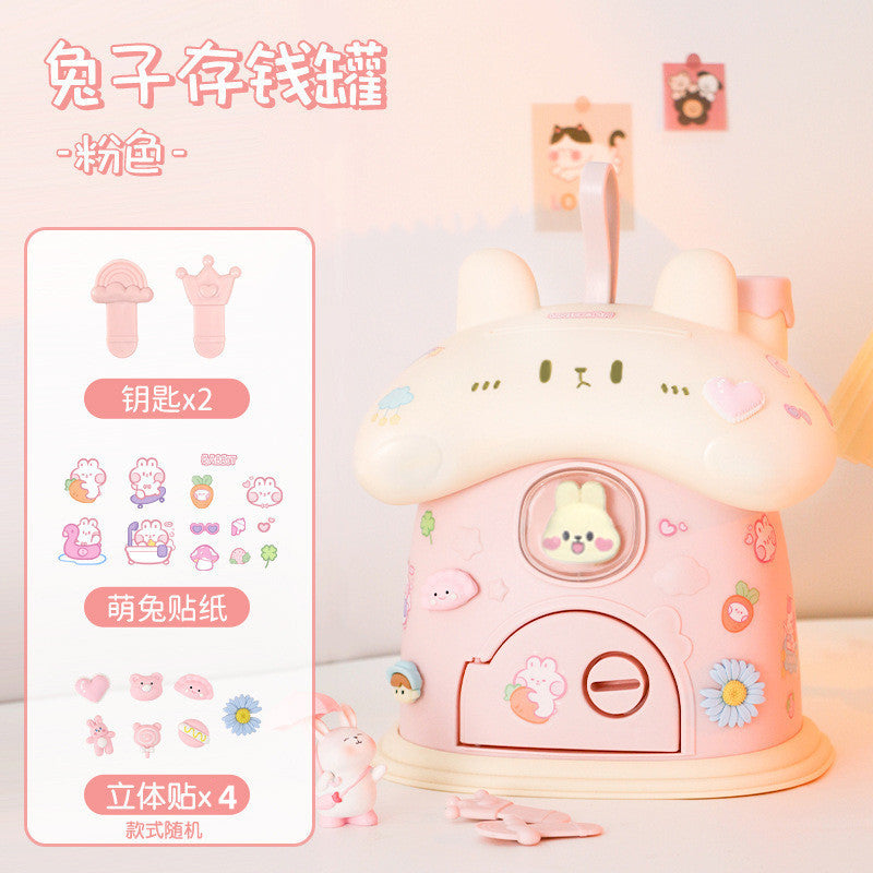 Trendy cartoon rabbit piggy bank - cute kids' creative house design, large capacity, easy access