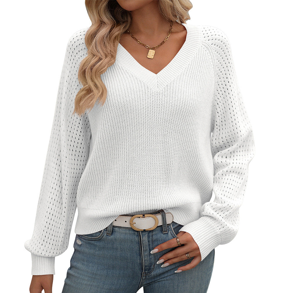 Cross-border European and American  women's clothing 2024 autumn and winter new models,  hollow V-neck long-sleeved fashion sweater women