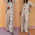 summer new women's clothing: cross-border export fashion set - european and american style casual printed long-sleeve shirt and wide-leg pants