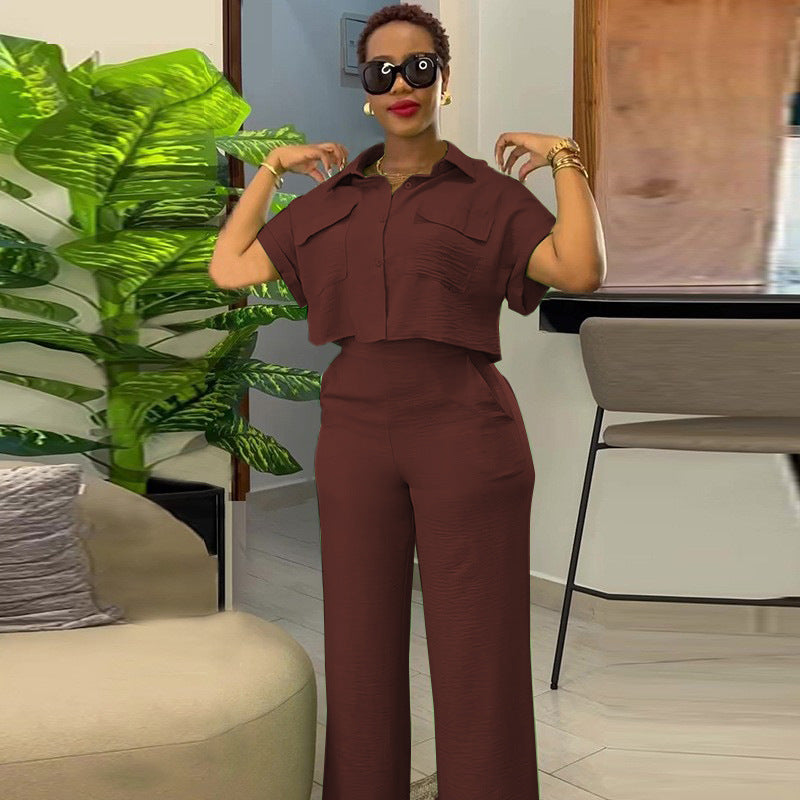 Ready-to-ship cross-border european and american women's clothing:  summer new arrivals, casual collared short-sleeve shirt and wide-leg pants fashion set
