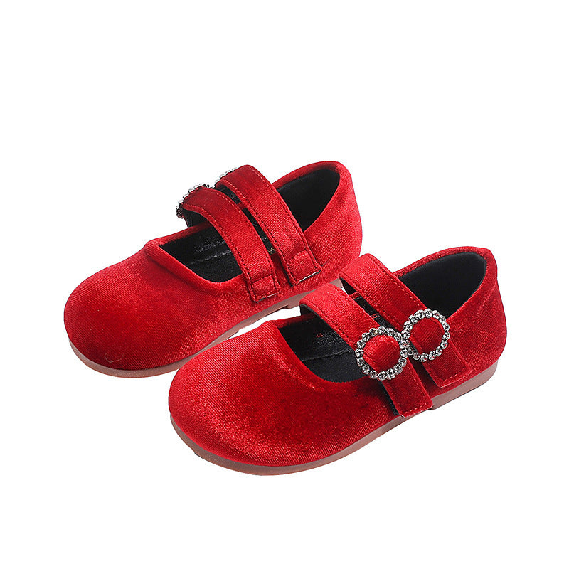 Vancahao girls' velvet princess shoes, new spring  collection: kids' double-row velcro moccasins, soft sole flats