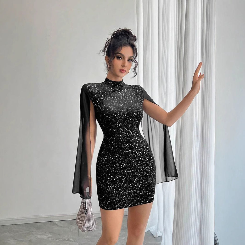 European and American temperament intellectual flash printing stand-up collar flying long-sleeved mesh patchwork elegant short jumpsuit