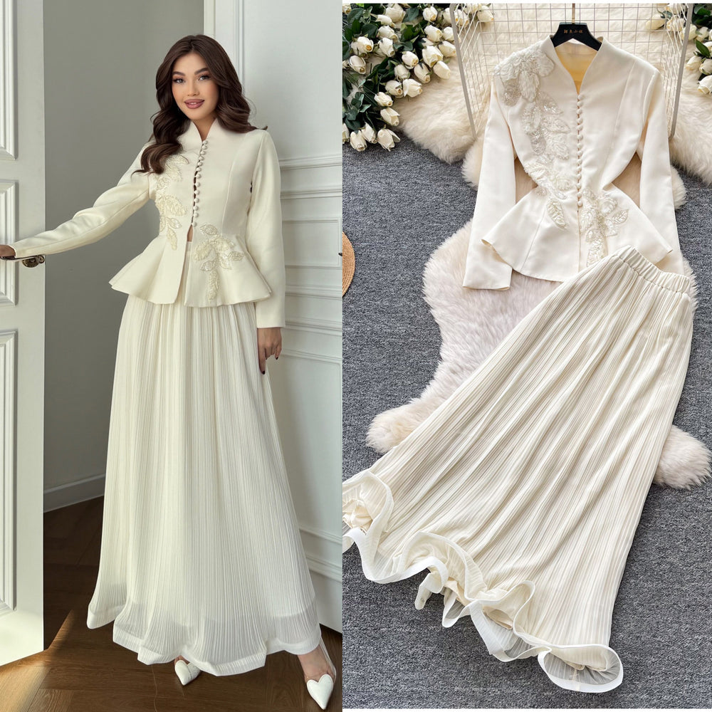 French chic v-neck embroidered jacket & high-waisted pleated skirt set - autumn collection, exquisite craftsmanship, effortless elegance