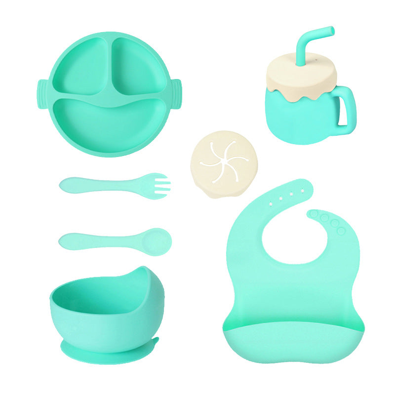Children's Silicone Plate 7-piece Set Baby Separate Plate Feeding Bib Water Cup Fork Spoon Supplementary Food Bowl Tableware