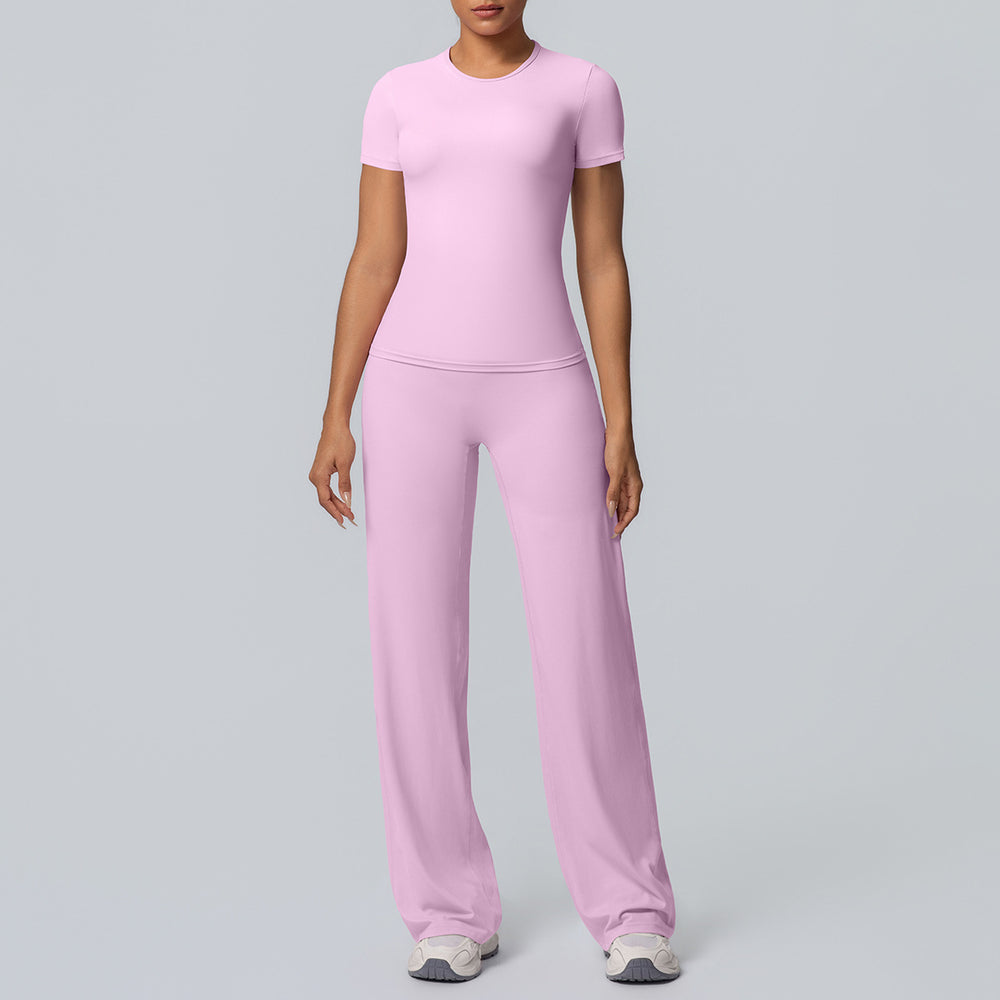double-sided brushed pure color tight training long sleeves wide-leg yoga suit sports running fitness two-piece set