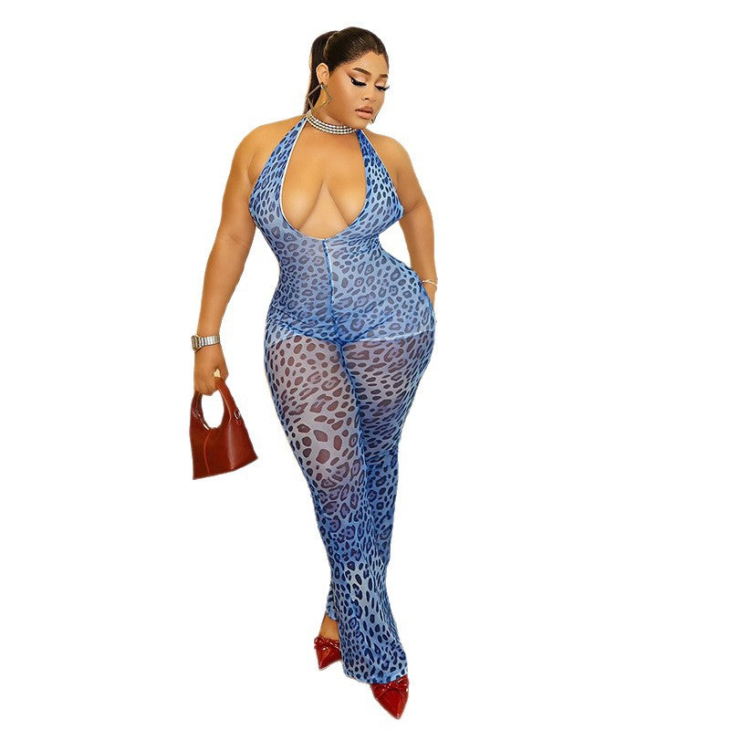 European and american style ins cross-border leopard print fashion women's clothing printing slightly see-through niche jumpsuit halterneck u-neck hip-covering jumpsuit