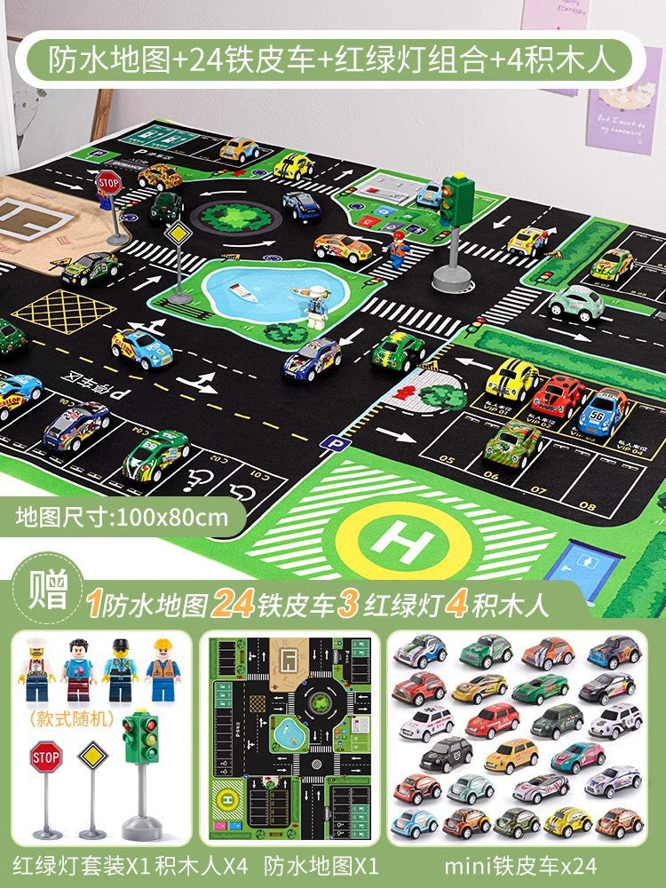 Kids' alloy pull-back car traffic map playset with crawling mat, parking garage, and inertia toys for boys