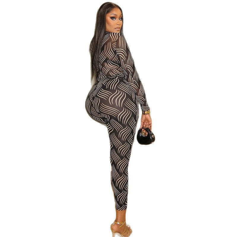 European and american style cross-border women's striped print fashion pant set - long sleeve high neck top and fitted leggings activewear two-piece set