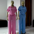 European and american cross-border women's fashion:  summer new collection - solid color turn-down collar short sleeve shirt & casual wide-leg pants set
