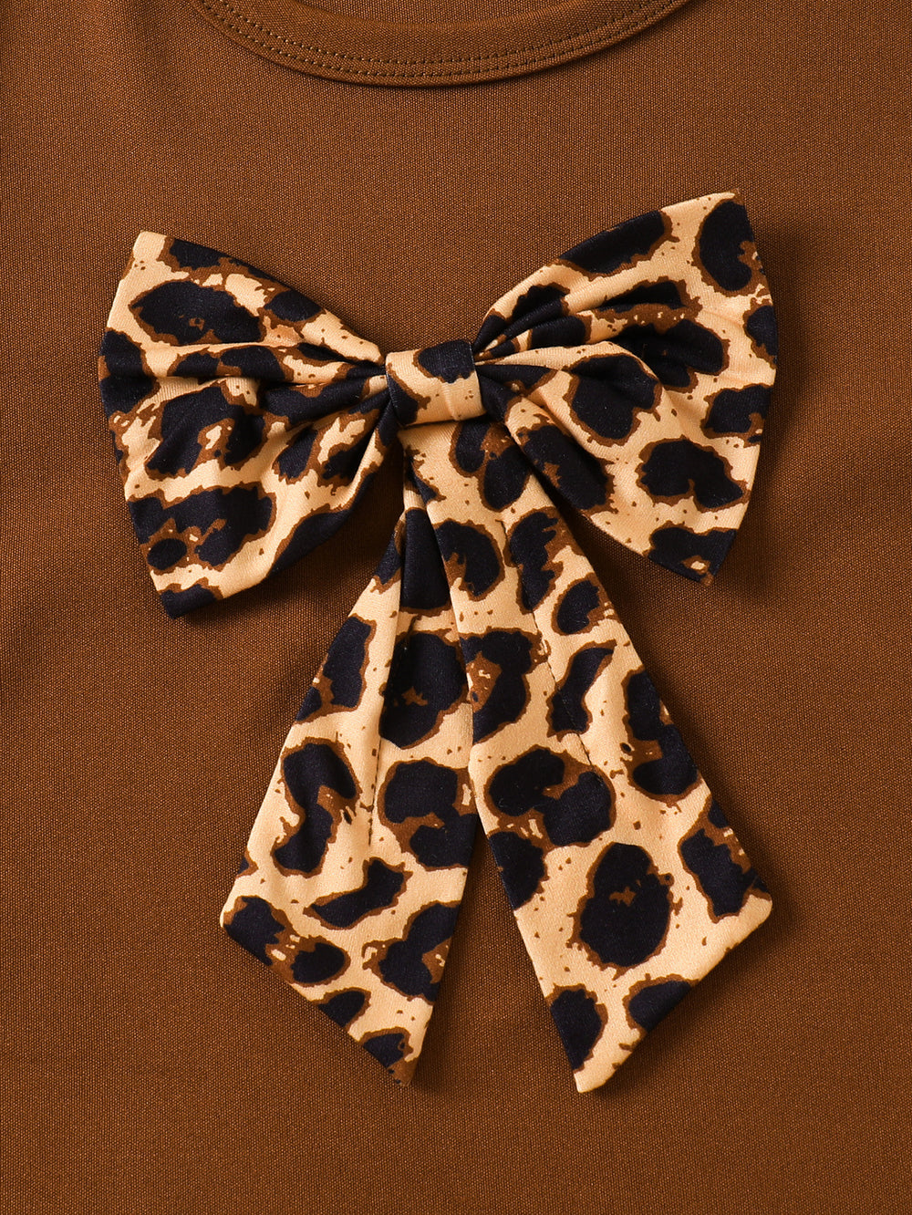 girls' two-piece set: brown long-sleeve top with leopard print bow detail and flared pants - casual kids' outfit