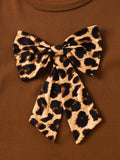 girls' two-piece set: brown long-sleeve top with leopard print bow detail and flared pants - casual kids' outfit
