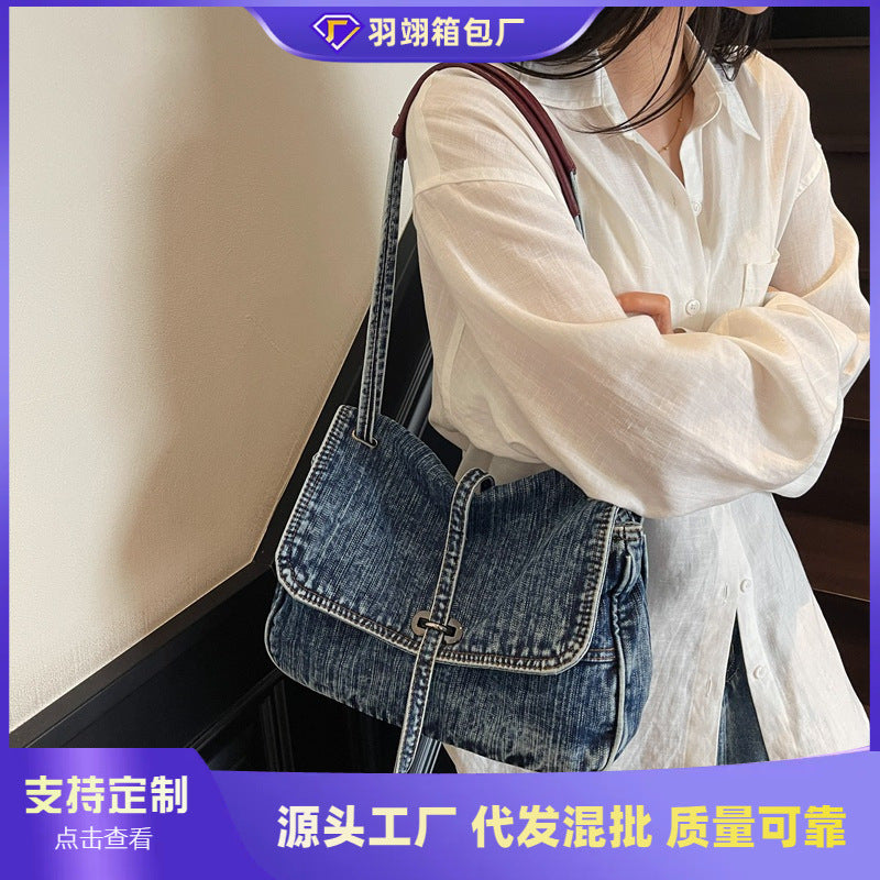 Cross-border niche retro commuter tote bag women's 2025 summer new trendy denim casual shoulder messenger bag