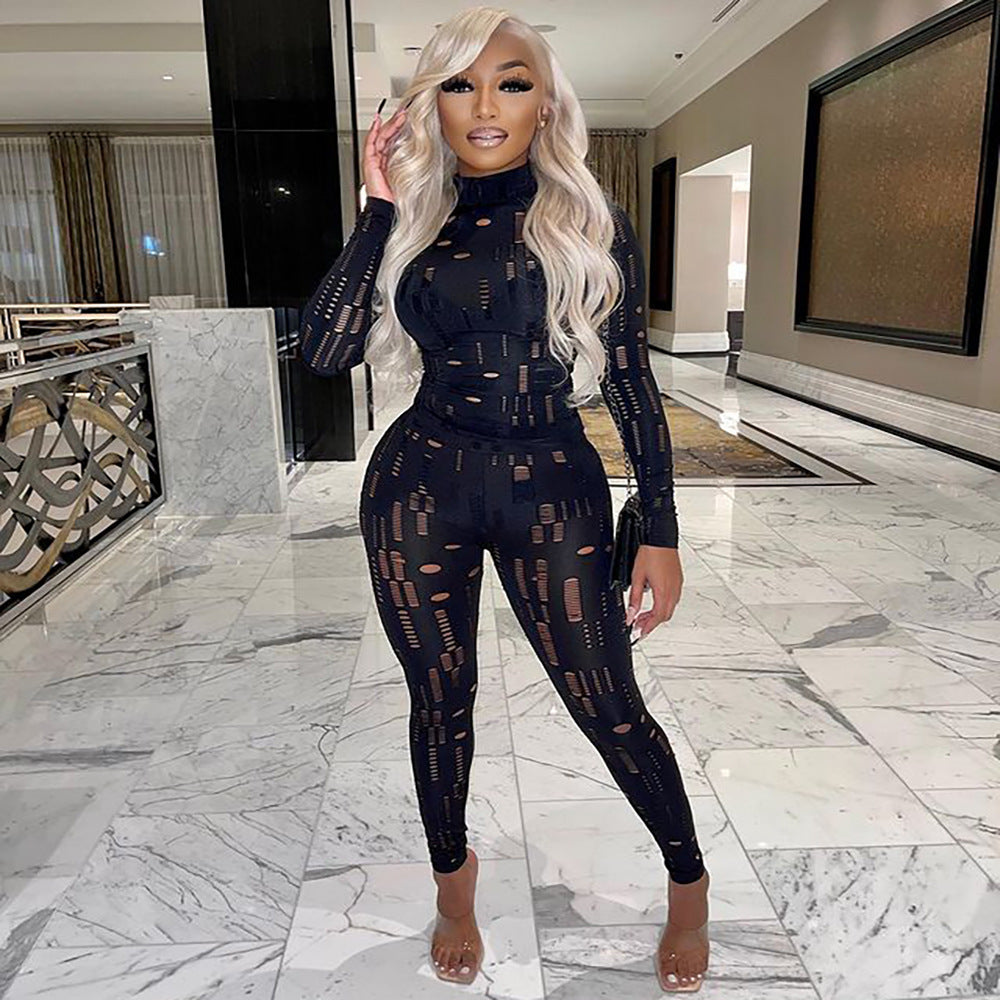 European and american export women's clothing:  independent site fashionable sexy hollow-out distressed tight-fitting long sleeve two-piece set