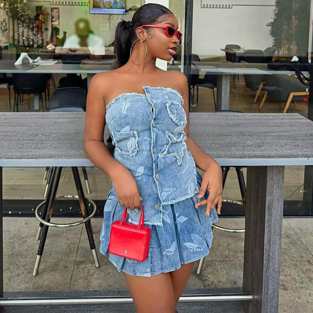 European and american style sexy dress set -  cross-border women's fashion hot girl irregular bandeau top and pleated skirt
