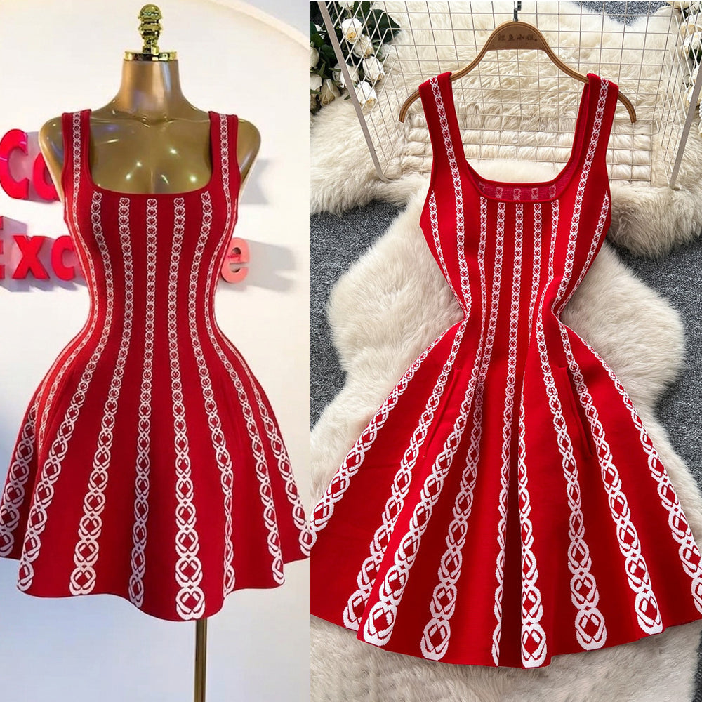 Export french jacquard sleeveless elegantknittingdress women's summer work clothing waist a-line knitting short skirt with flap pocket pants