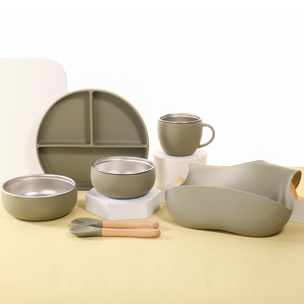 Children's stainless steel 304 silicone tableware set Baby feeding bib Wooden handle Fork spoon Plate bowl Cup 7-piece set