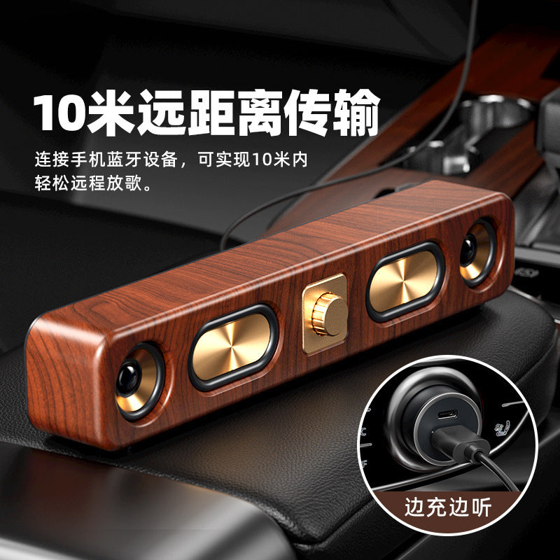 Retro wireless bluetooth speaker - big bass, low-profile wood finish, card-playing desktop audio system with radio function (e3404)