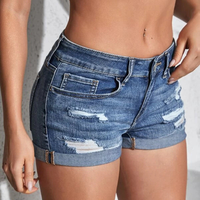 European and american denim shorts: new arrivals, hot-selling, fashionable, versatile, distressed, rolled hem, capri length, washed and ripped denim shorts