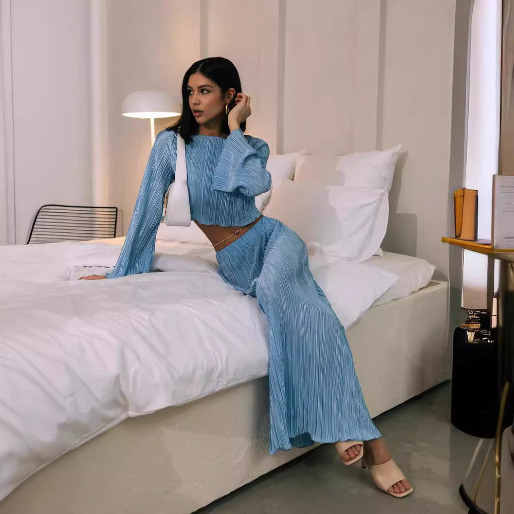 cross-border  fashion: european & american casual short flared sleeve top & exquisite pleated maxi skirt set