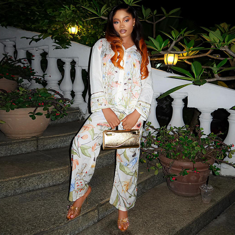 European and american women's clothing  autumn new collection: sweet and fresh printed turn-down collar long-sleeve shirt and high-waisted straight-leg pants two-piece set