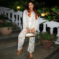 European and american women's clothing  autumn new collection: sweet and fresh printed turn-down collar long-sleeve shirt and high-waisted straight-leg pants two-piece set