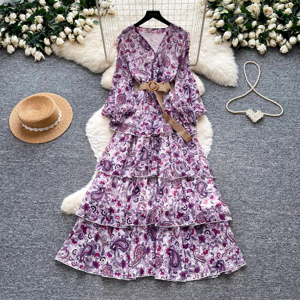French retro floral v-neck long sleeve dress - women's summer korean style slimming ruffle tiered cake dress - romantic & chic