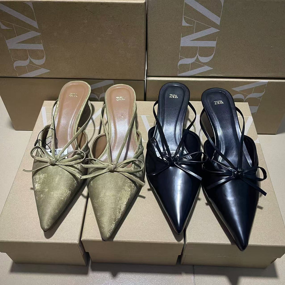 Za2024autumnew arrivalbows pointed toe high heels women's cat heel mules shoes not tired feet elegant toe cap sandals