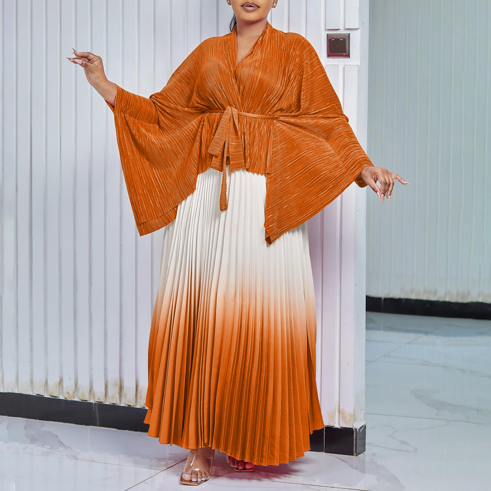 Q120 new  fashion pleated minimalist solid color top and gradient flared skirt two-piece set
